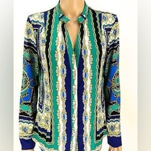 CACHE Pearl Snaps Blouse Medium Purple Emerald Medallion Chains Print Shirt Top